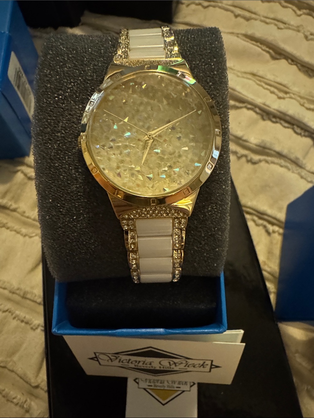 Victoria Wieck Gold-Tone Watch with White Ceramic Links and Crystal Dial